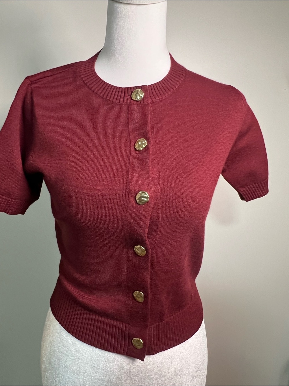 moon & madison Burgundy Short-Sleeve Button Cardigan with Gold Buttons